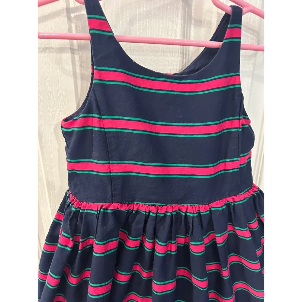 Ralph Lauren Dress Navy Blue Pink Green Striped Button Back Fit Flare 4/4T Kids